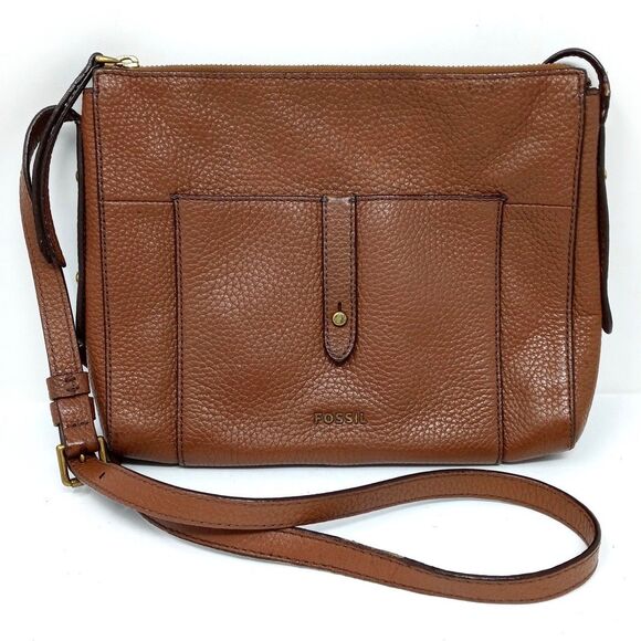 Fossil Handbags - Fossil Pebbled Leather Crossbody Bag Purse Adjustable Strap Zip Closure